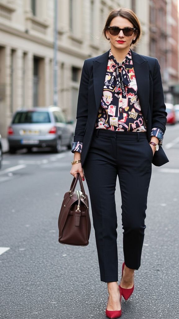 Pair high-waisted, fitted trousers with a bold, graphic print blouse and a fitted blazer for a styli