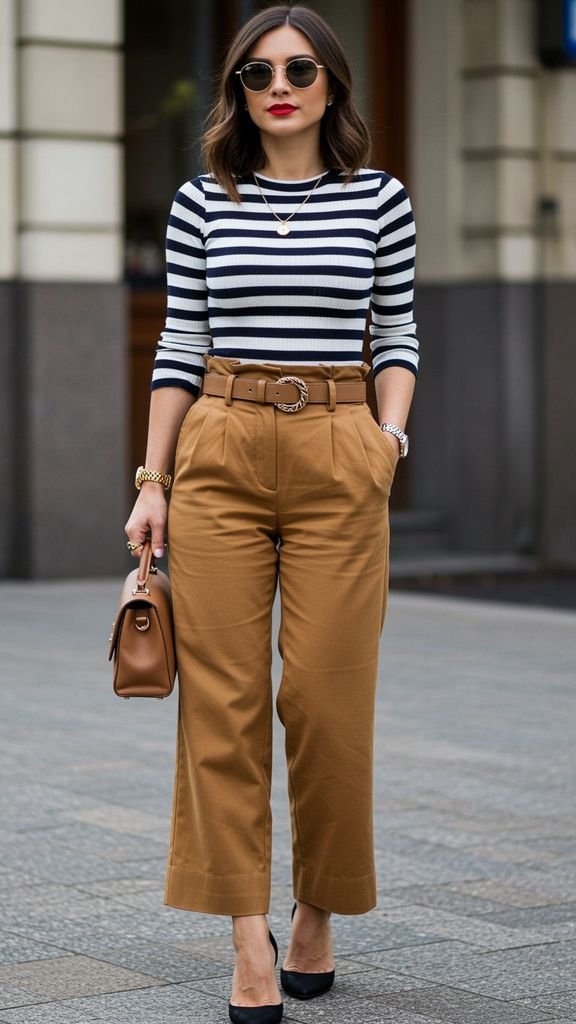 Combine a fitted, striped top with a pair of high-waisted, wide-leg pants and a statement belt for a