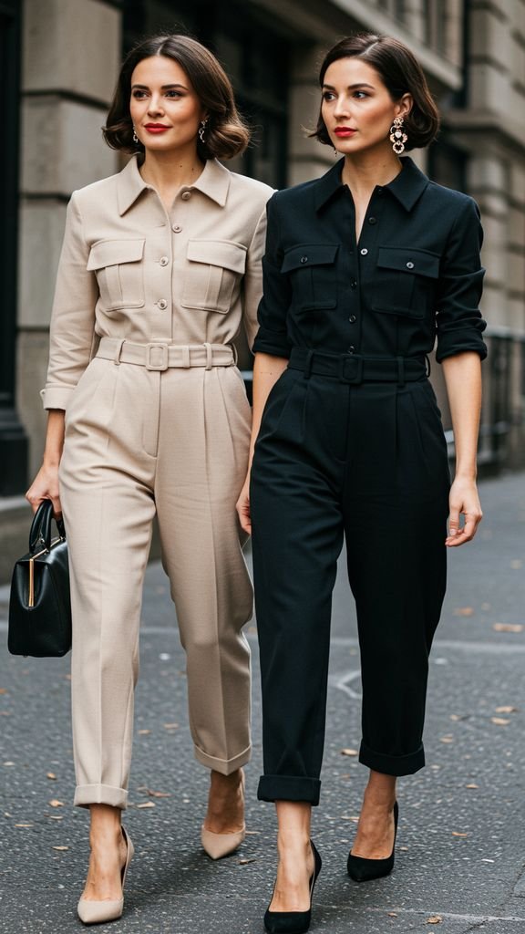 Wear a fitted, jumpsuit with a pair of statement earrings and a statement handbag for a chic, retro-