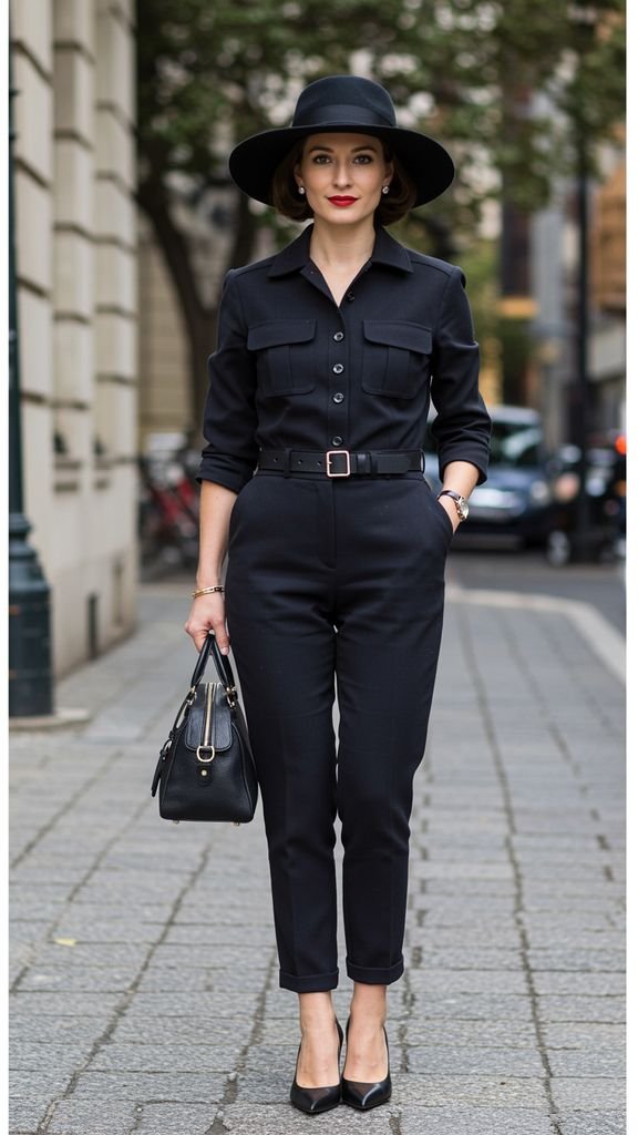 Pair a fitted, jumpsuit with a pair of statement shoes and a statement hat for a stylish, retro-insp