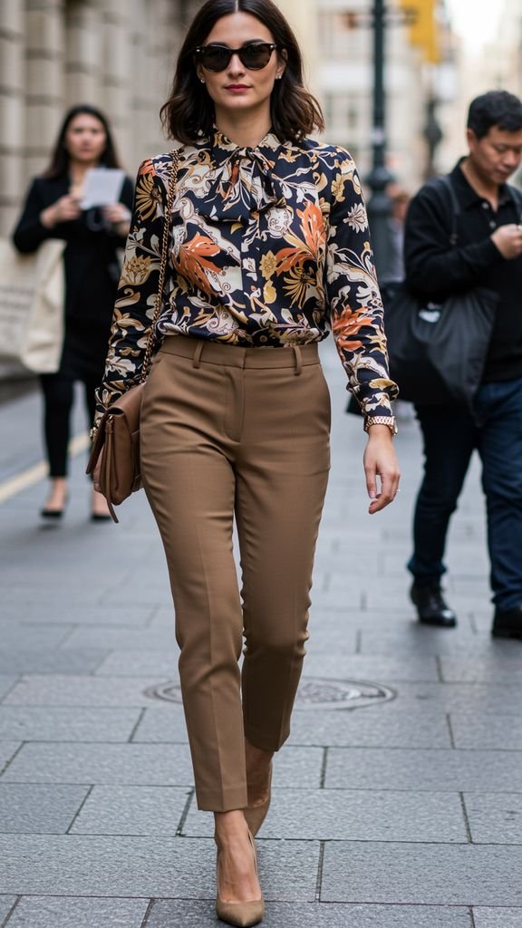 Combine a bold, graphic print blouse with a pair of high-waisted, fitted trousers and a statement ja