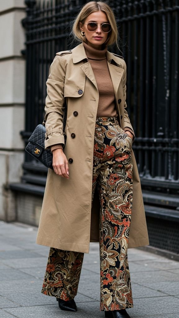 Wear a fitted, trench coat with a pair of high-waisted, wide-leg pants and a bold, graphic print blo