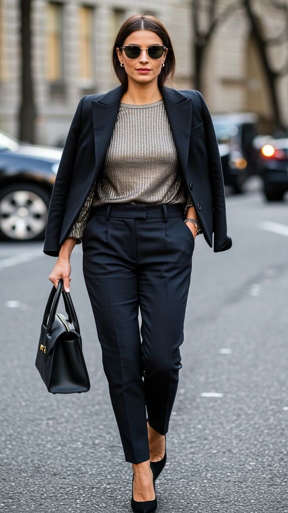 Mix a fitted, metallic top with a pair of high-waisted, fitted trousers and a statement jacket for a