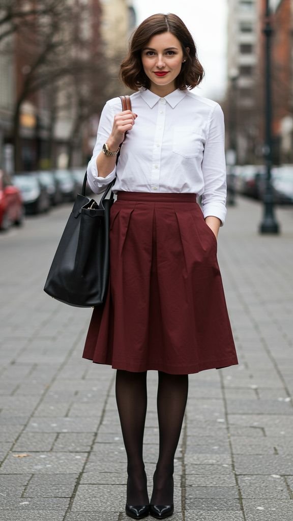 Pair a fitted, flowy skirt with a pair of tights and a pair of statement shoes for a chic, retro-ins