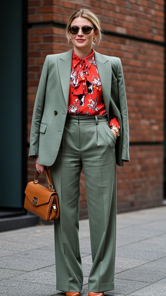 Wear a fitted, blazer with a pair of high-waisted, wide-leg pants and a bold, graphic print blouse f