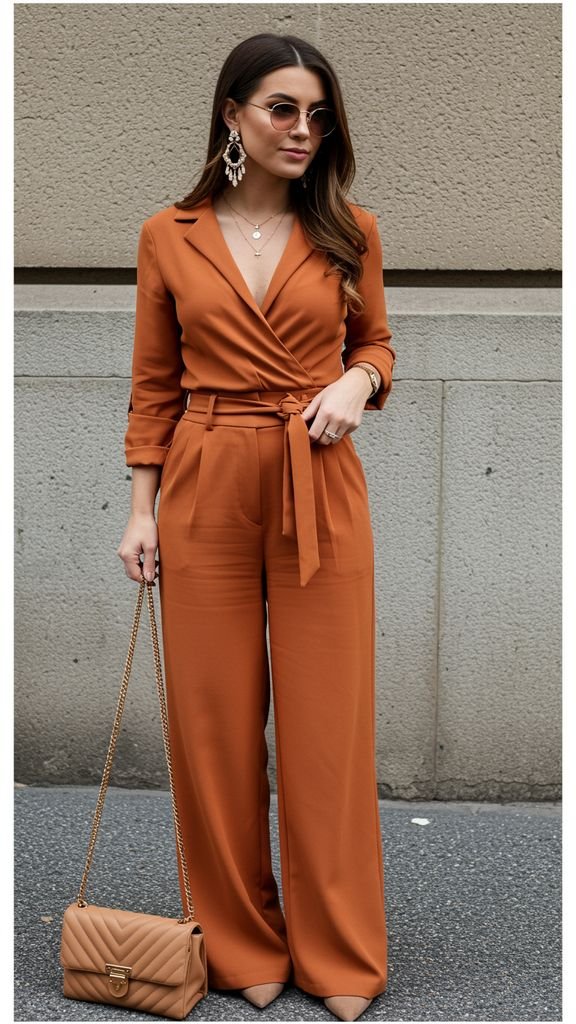Combine a fitted, jumpsuit with a pair of statement earrings and a statement handbag for a chic, ret