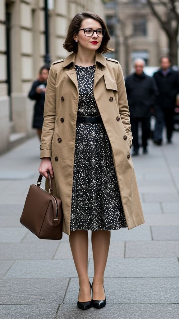 **Vintage-Inspired Coat and Dress:** Wear a fitted, trench coat over a fitted, shift dress for a chi