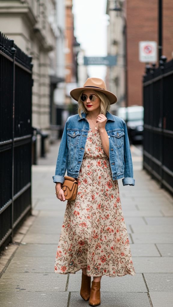 Combine a flowy, floral maxi dress with a fitted denim jacket and a statement hat for a feminine, vi