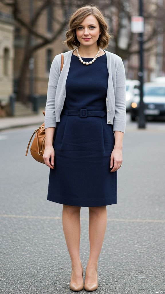 Rock a shift dress with a fitted waist, paired with a cropped cardigan and a pair of statement earri
