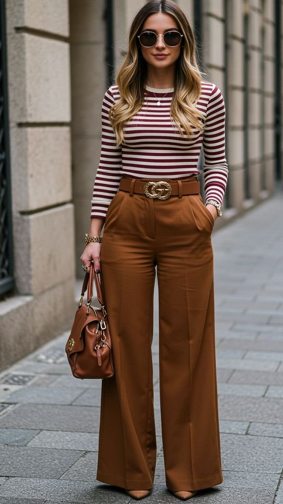 Mix a fitted, striped top with high-waisted, wide-leg pants and a statement belt for a groovy, retro