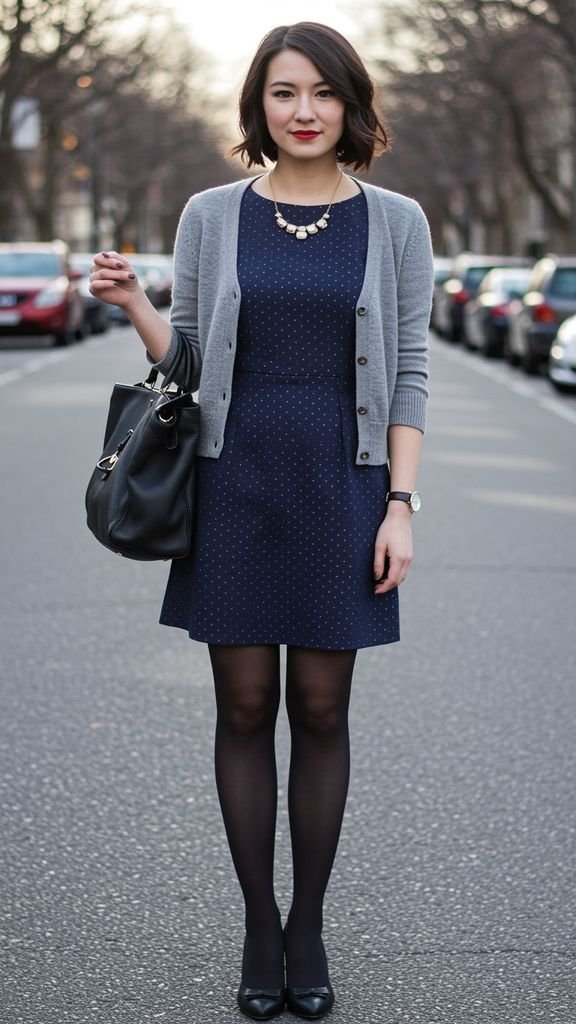 Pair a fitted, shift dress with a cropped cardigan, tights, and a pair of statement shoes for a chic