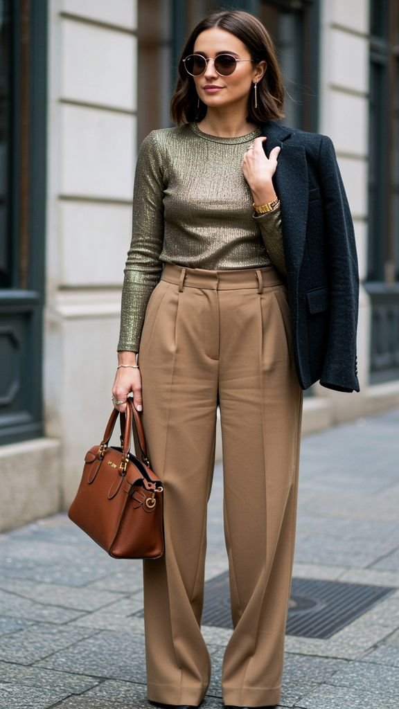 Combine a fitted, metallic top with a pair of high-waisted, wide-leg pants and a statement jacket fo