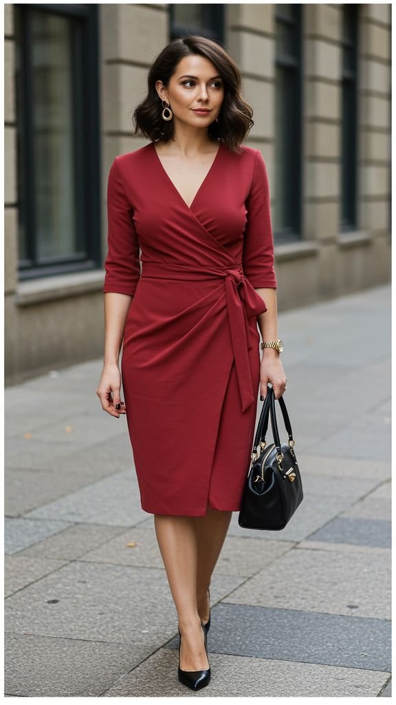 Wear a fitted, wrap dress with a pair of statement earrings and a statement handbag for a chic, retr