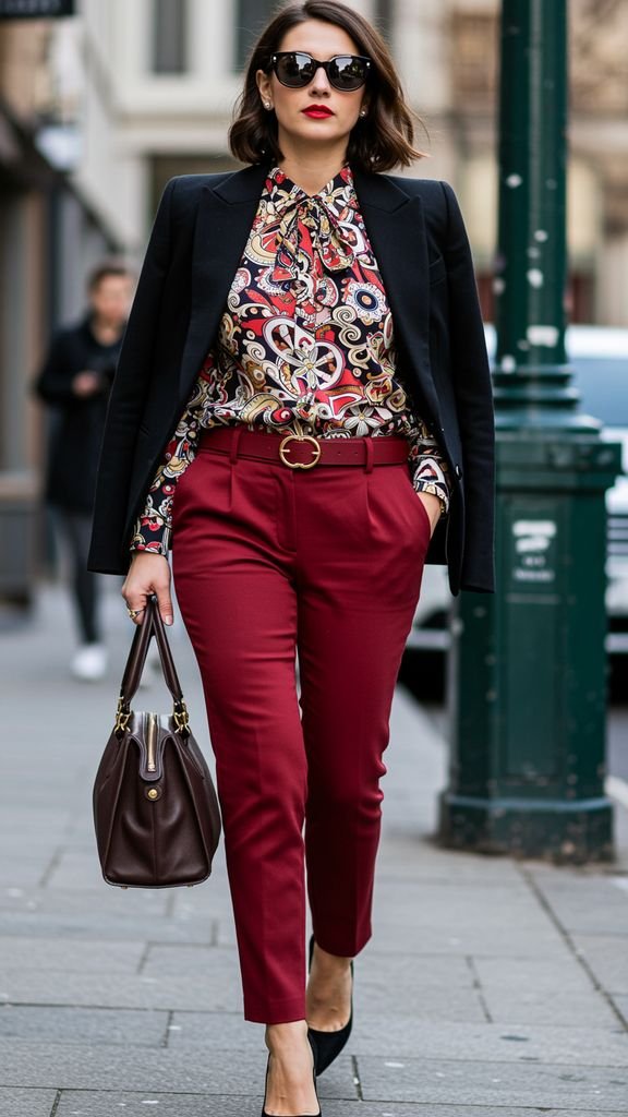 Mix a bold, graphic print blouse with a pair of high-waisted, fitted trousers and a fitted blazer fo