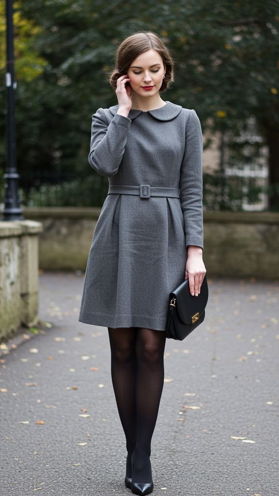 Pair a fitted, shift dress with a pair of tights and a pair of statement shoes for a chic, retro-ins