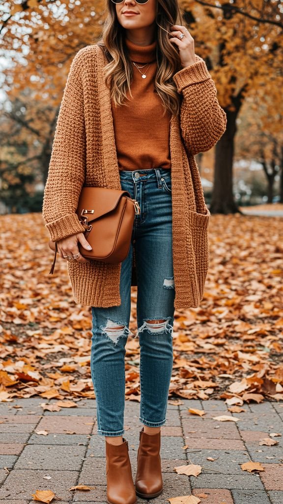 Warm up with vibrant orange and brown tones, paired with a cozy oversized cardigan, distressed denim