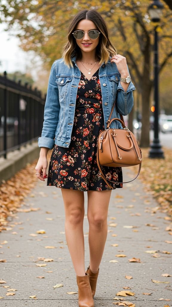 Update your fall wardrobe with a floral dress, paired with a denim jacket, ankle boots, and a statem