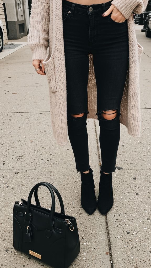Stay warm and stylish with a cozy cardigan, paired with a fitted top, high-waisted black jeans, and