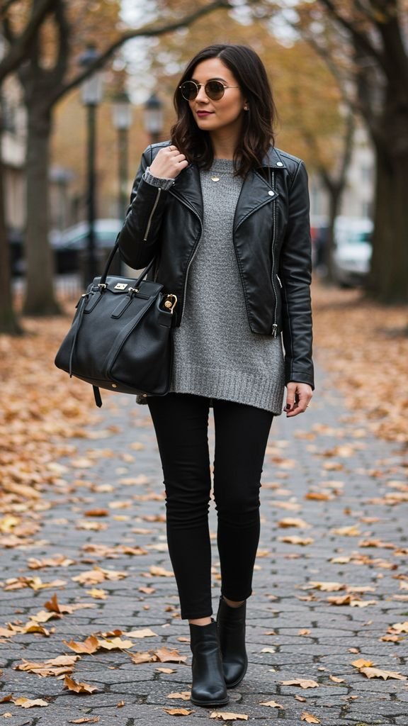 Add a touch of sophistication to your fall wardrobe with a leather jacket, paired with a fitted dres