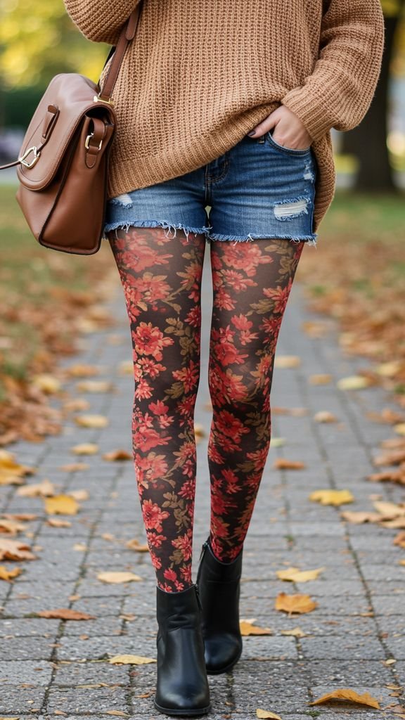 Update your fall wardrobe with floral tights, paired with a cozy sweater, distressed denim jeans, an