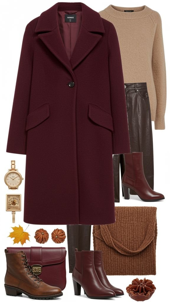Create a cohesive fall look with a monochromatic color scheme, featuring a burgundy coat, matching a