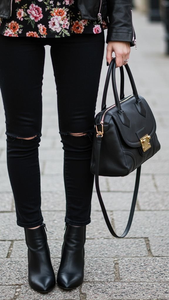 Freshen up with a floral blouse, paired with a fitted leather jacket, high-waisted black jeans, and