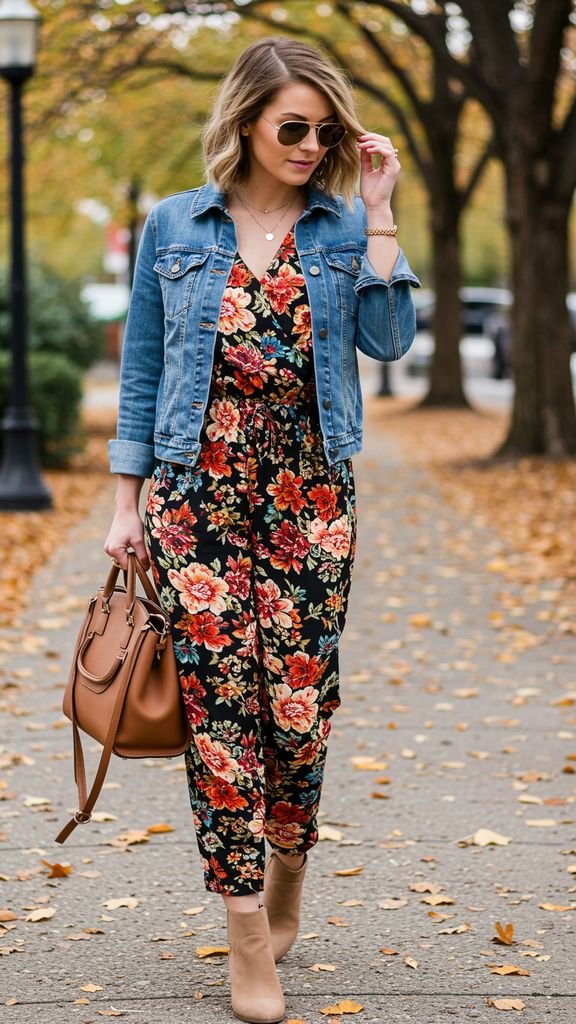 Update your fall wardrobe with a floral jumpsuit, paired with a denim jacket, ankle boots, and a sta
