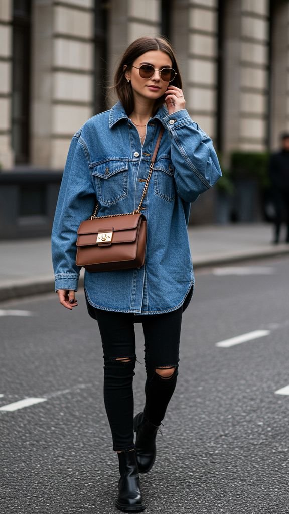 Make a statement with oversized denim, paired with a fitted top, high-waisted black jeans, and state