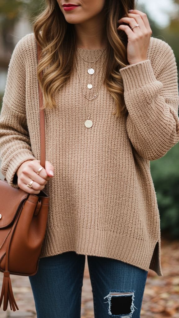 Add a touch of elegance to your fall outfit with layered necklaces, paired with a cozy sweater, dist
