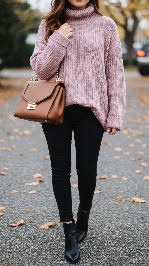 Snuggle up with a soft, pastel-colored sweater, paired with comfortable black leggings, and a statem