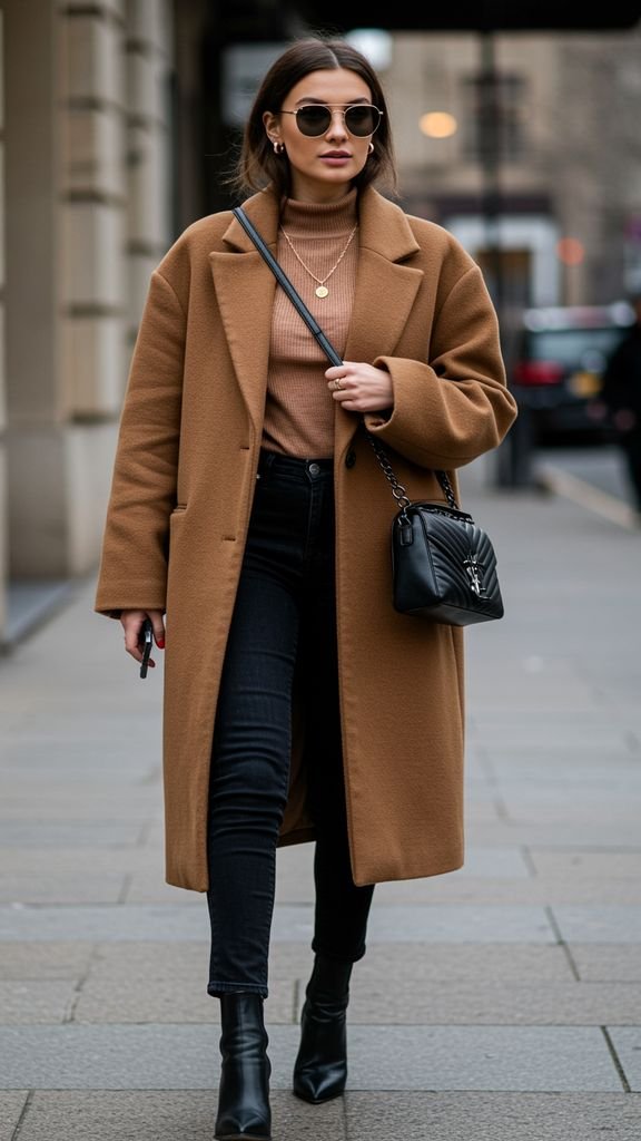 Make a statement with an oversized coat, paired with a fitted top, high-waisted black jeans, and sta