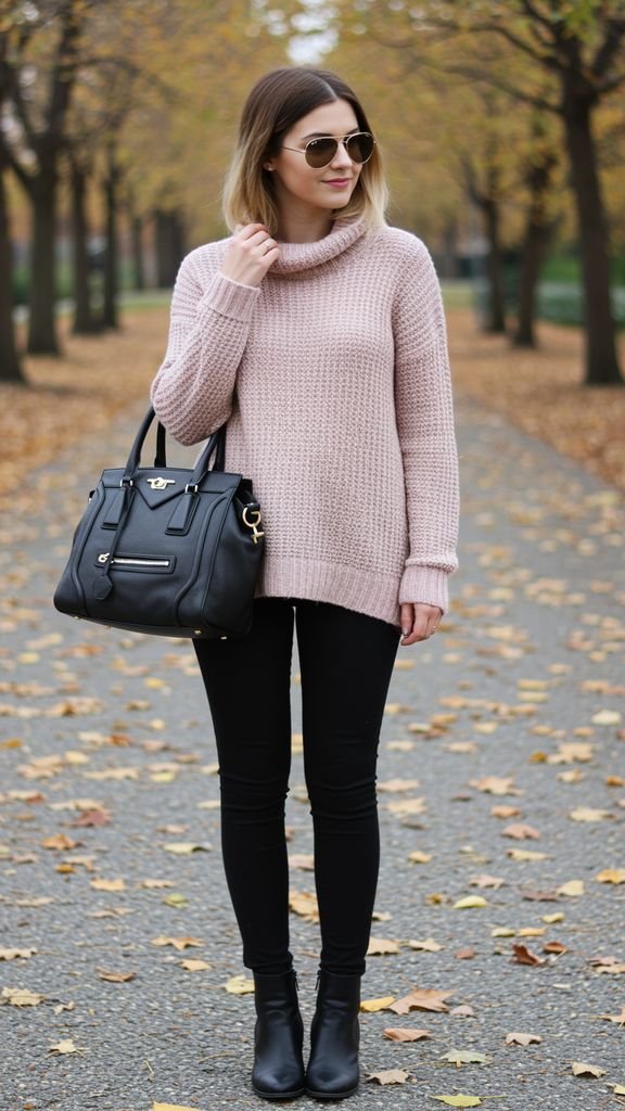 Snuggle up with a soft, pastel-colored sweater, paired with comfortable black leggings, and a statem