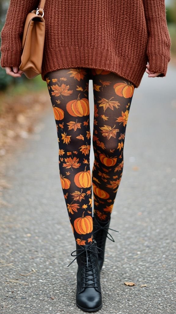 Update your fall wardrobe with fall-themed tights, paired with a cozy sweater, distressed denim jean