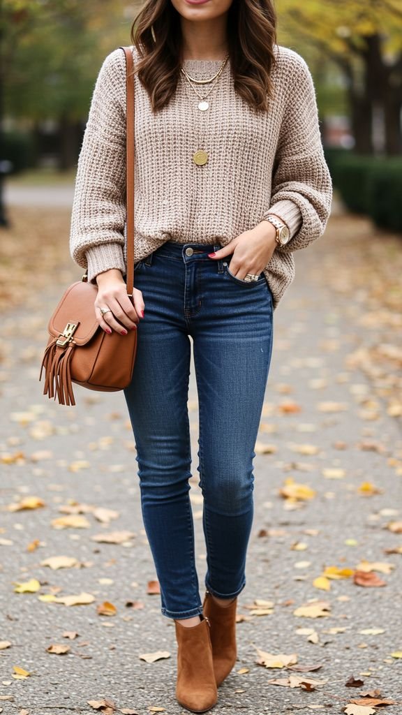 Add a touch of elegance to your fall outfit with layered necklaces, paired with a cozy sweater, dist