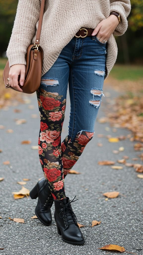Update your fall wardrobe with floral tights, paired with a cozy sweater, distressed denim jeans, an