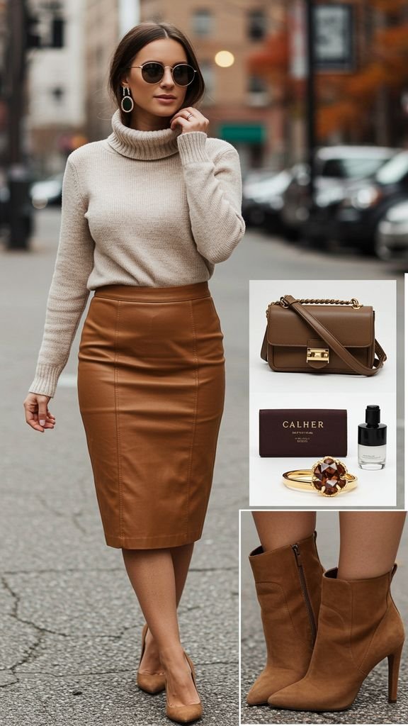 Elevate a classic turtleneck sweater with a fitted pencil skirt, statement earrings, and a pop of br