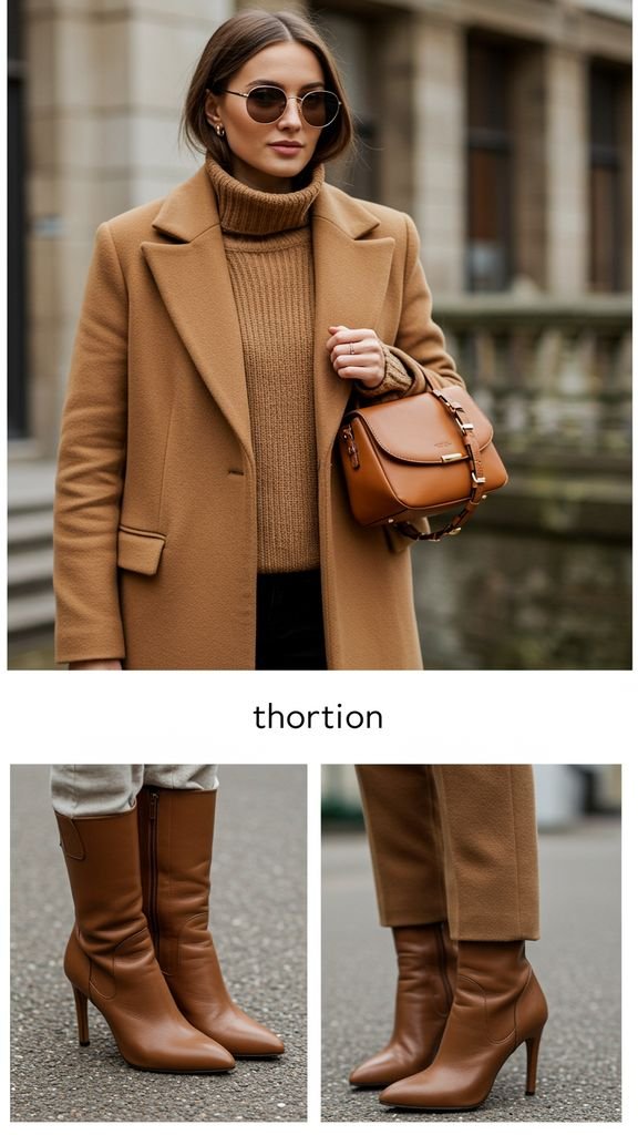 Create a sophisticated fall look with a monochromatic neutral color scheme, featuring a camel coat,