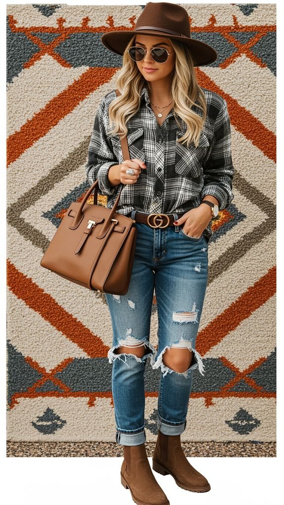 Bring the outdoors in with a rustic-inspired outfit, featuring a plaid shirt, distressed denim jeans